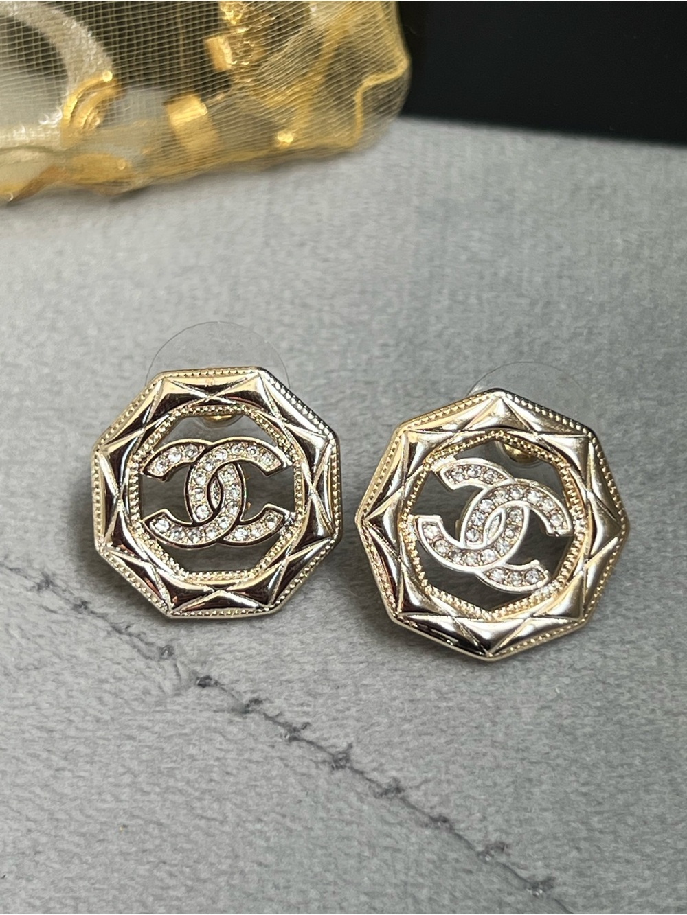 CHANEL Repurposed Gold and Crystal Octagonal CC Button Earrings